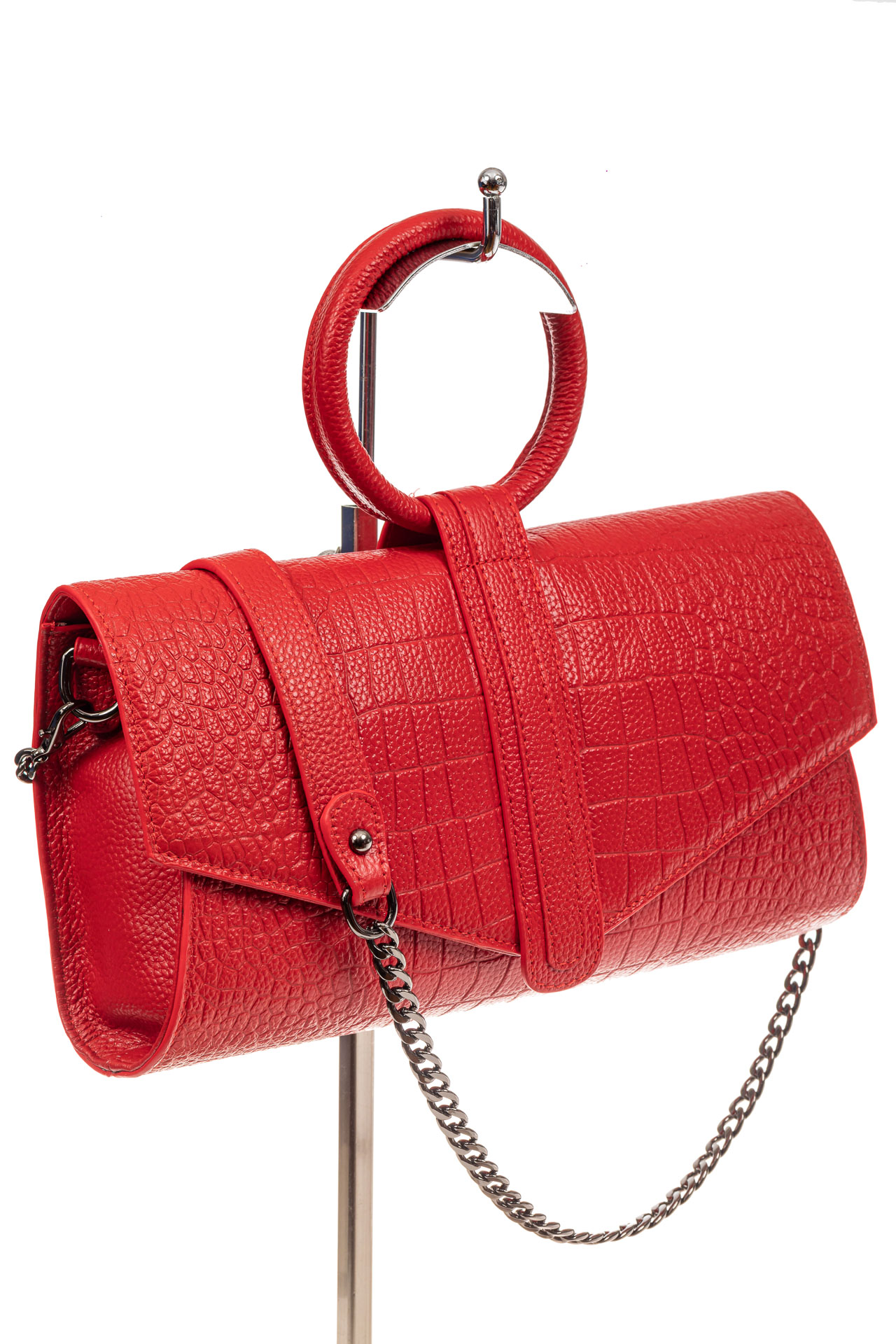 На фото 1 - Женская сумка багет из натуральной кожи, цвет красный