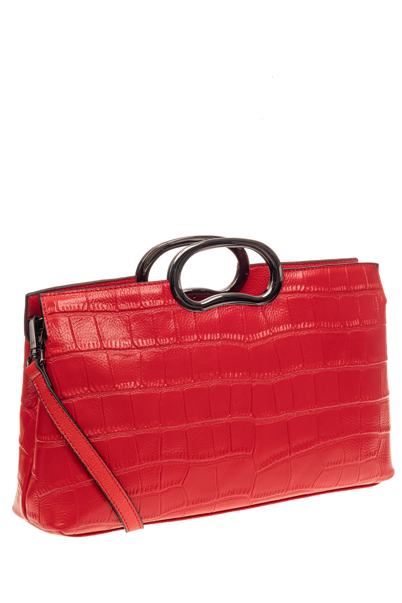 На фото 1 - Женская сумка из натуральной кожи с принтом под рептилию, красная