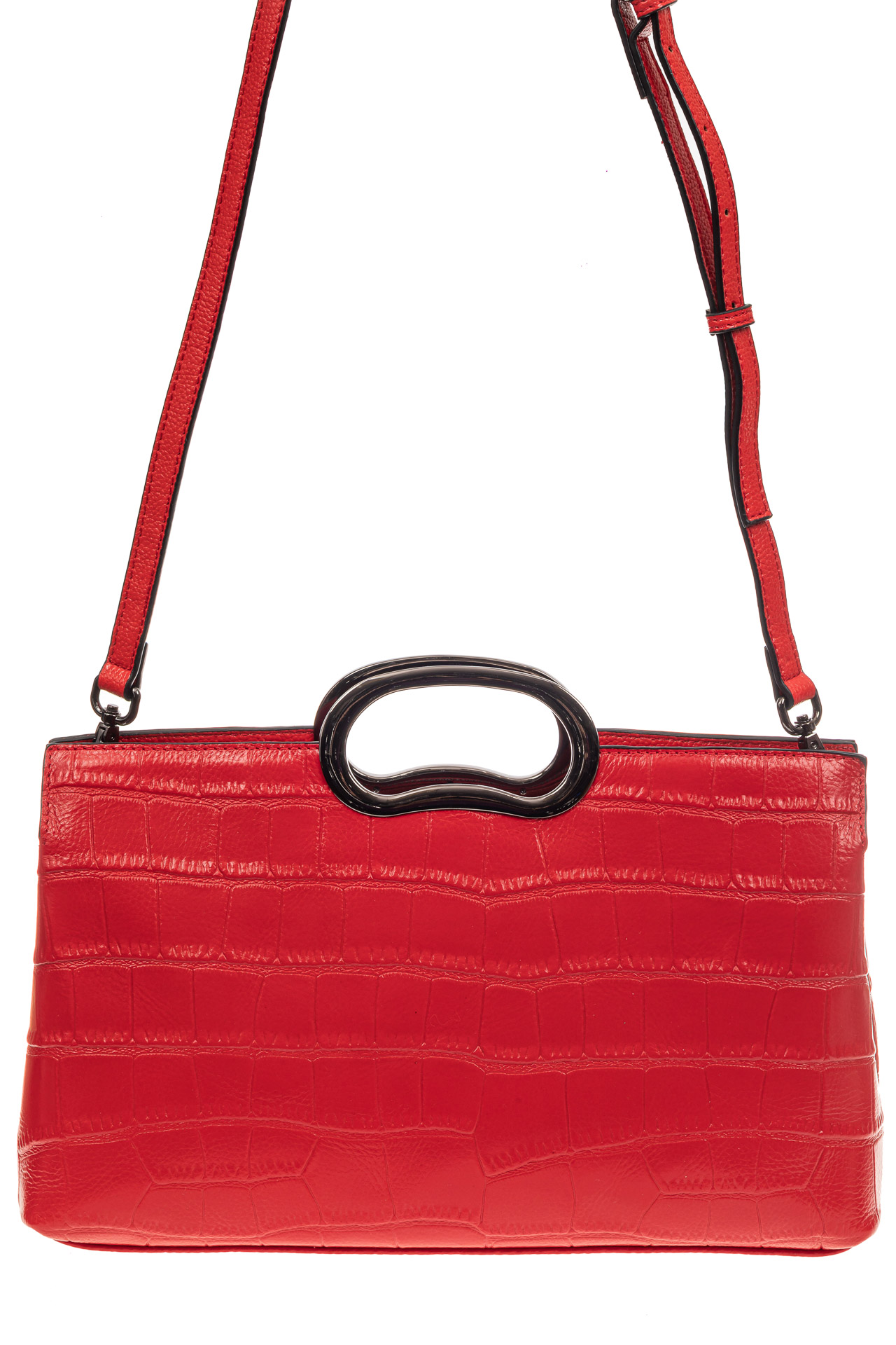 На фото 2 - Женская сумка из натуральной кожи с принтом под рептилию, красная
