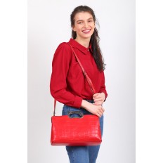 На фото 5 - Женская сумка из натуральной кожи с принтом под рептилию, красная