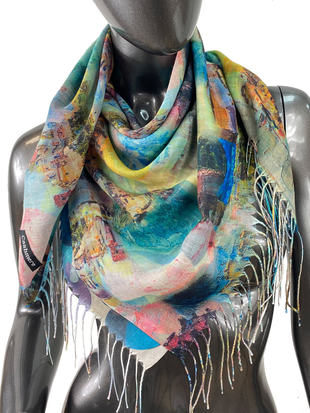На фото 2 - Двухсторонний лёгкий платок из кашемира с росписью, мультицвет