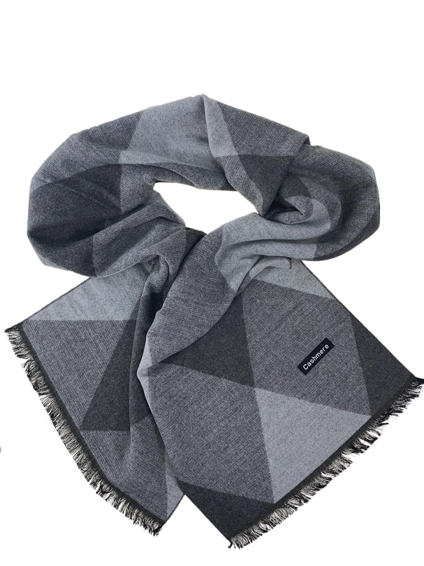 На фото 1 - Мужской шарф из кашемира с геометрическим орнаментом, серые оттенки