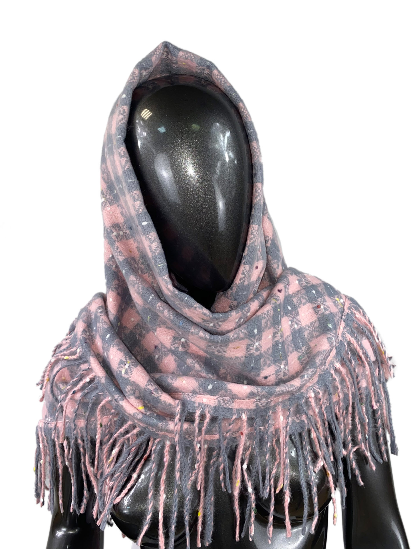 На фото 1 - Тёплый платок-палантин из кашемира и шерсти в клетку, серый с розовым