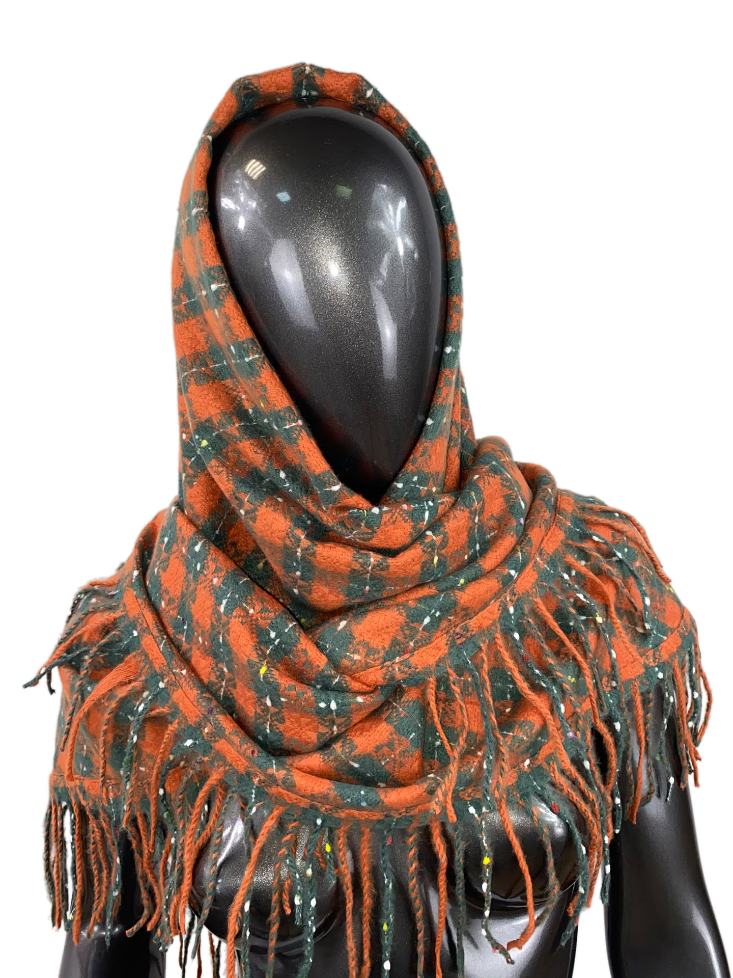 На фото 1 - Тёплый платок-палантин из кашемира и шерсти в клетку, оранжевый с серым