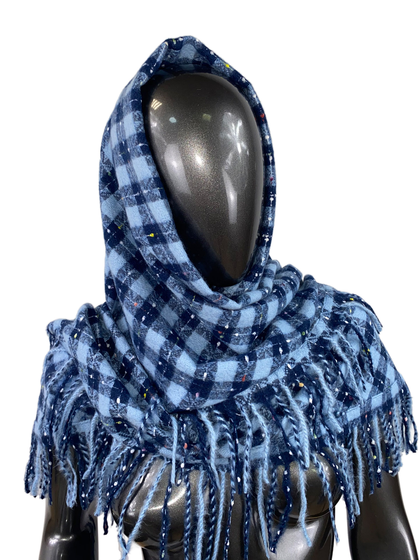 На фото 1 - Тёплый платок-палантин из кашемира и шерсти в клетку, голубой с синим