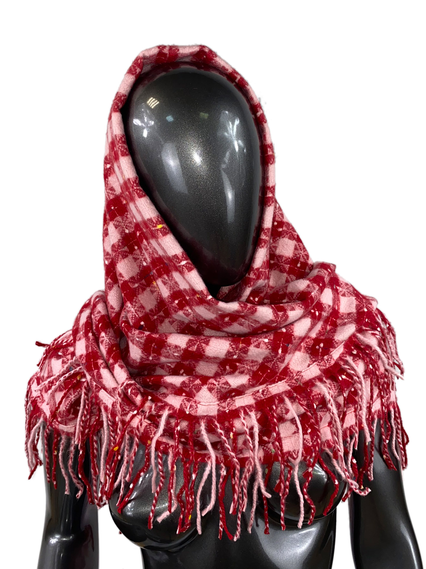 На фото 1 - Тёплый платок-палантин из кашемира и шерсти в клетку, красный с белым