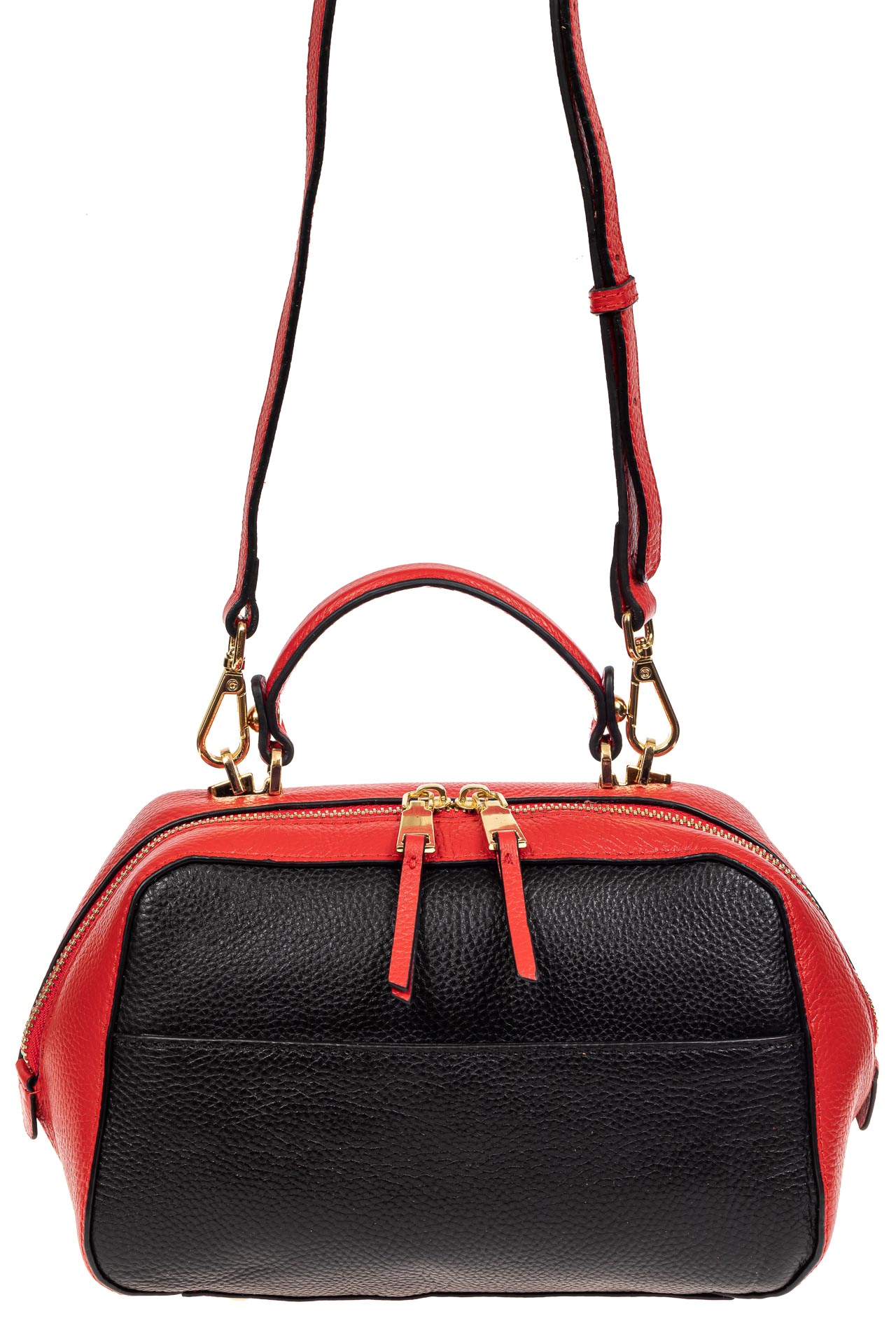 На фото 2 - Мягкая кожаная женская сумка на каждый день, цвет красный с черным
